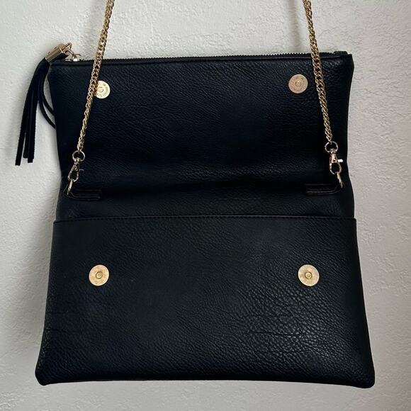 Moda Luxe Palermo Clutch NEW Stitch Detail Vegan Leather in Black w/ Gold Chain - Picture 2 of 11